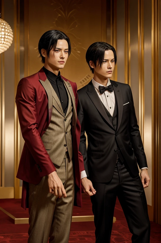 Gojo Satoru, Levi Ackerman in a red and black suit each holding a champagne glass in their left hand with a background of a rich ball room 