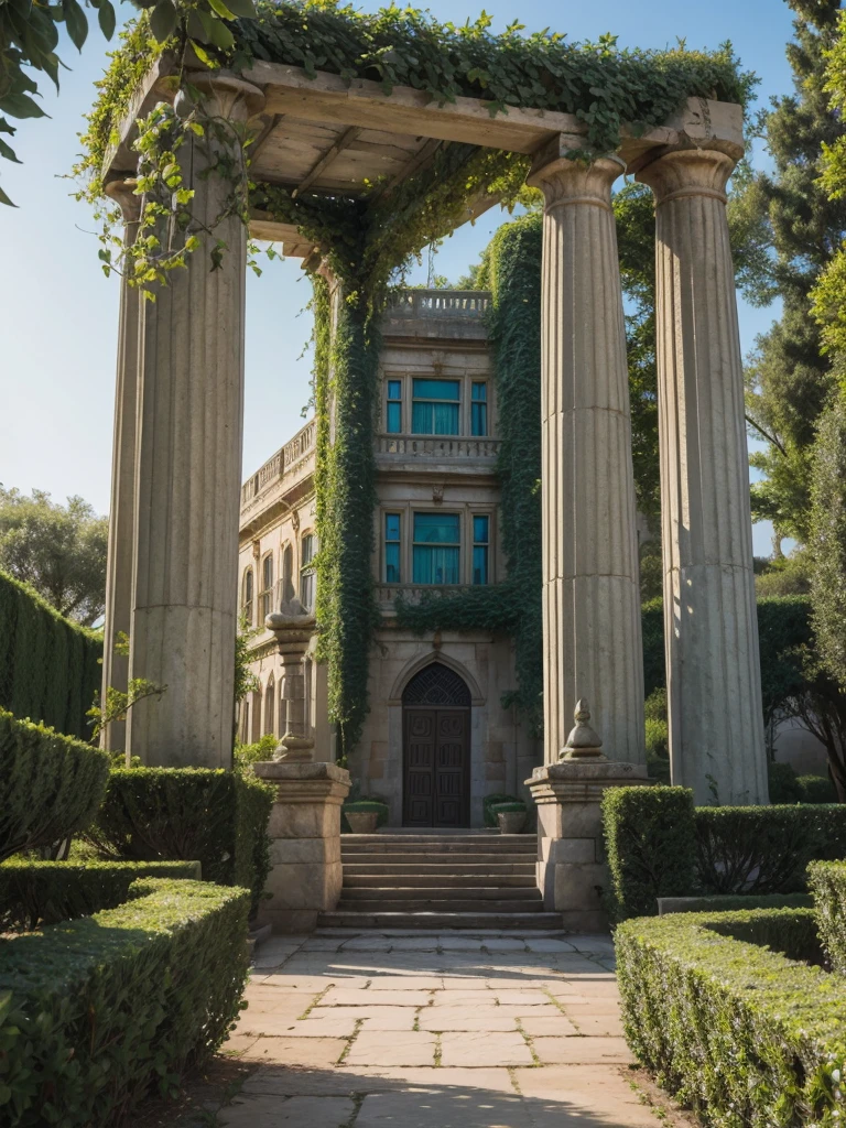 Egyptian castle with garden full of blue roses with green stems and a mixture of gold