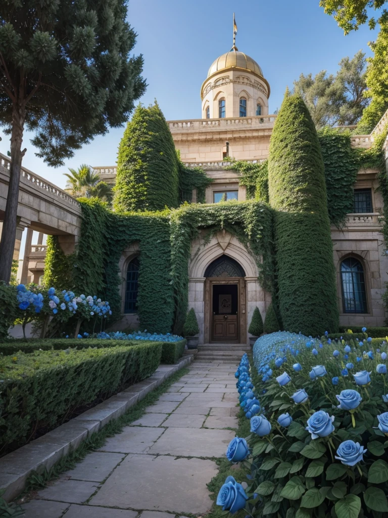 Egyptian castle with garden full of blue roses with green stems and a mixture of gold