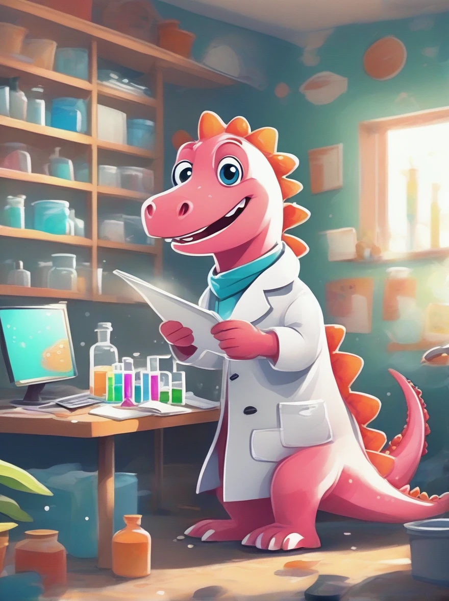 A pink dinosaur character,, Toothy Smile, Dressed as a researcher, They are in the lab, Microscopes and other equipment are all around., beakers, Charts and Graphs. Dinosaur in a lab coat, protect eyes, Holding a clipboard in hand, Papers scattered everywhere, Indicates busy work, The lab is filled with light from overhead fluorescent lamps., Illustrated in cartoon style