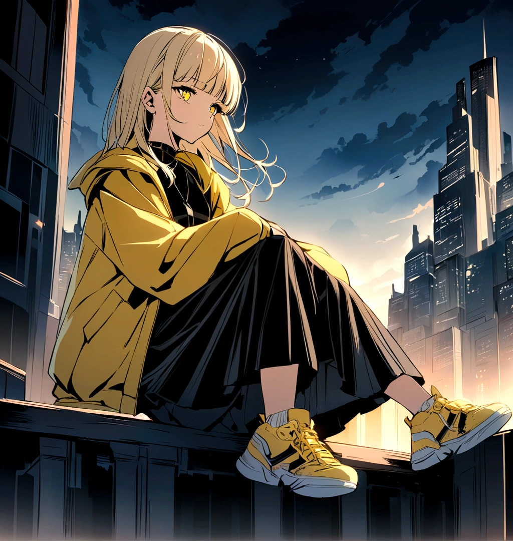 Create an anime-style artwork featuring a young girl seated on an urban structure with a futuristic city skyline in the background. The girl has short, light blonde hair with bangs and is dressed in a loose-fitting yellow jacket, a black skirt, and yellow sneakers. The scene should highlight the contrast between her vibrant outfit and the monochromatic, intricately detailed buildings behind her. The atmosphere is serene and reflective, with a modern, slightly futuristic aesthetic."