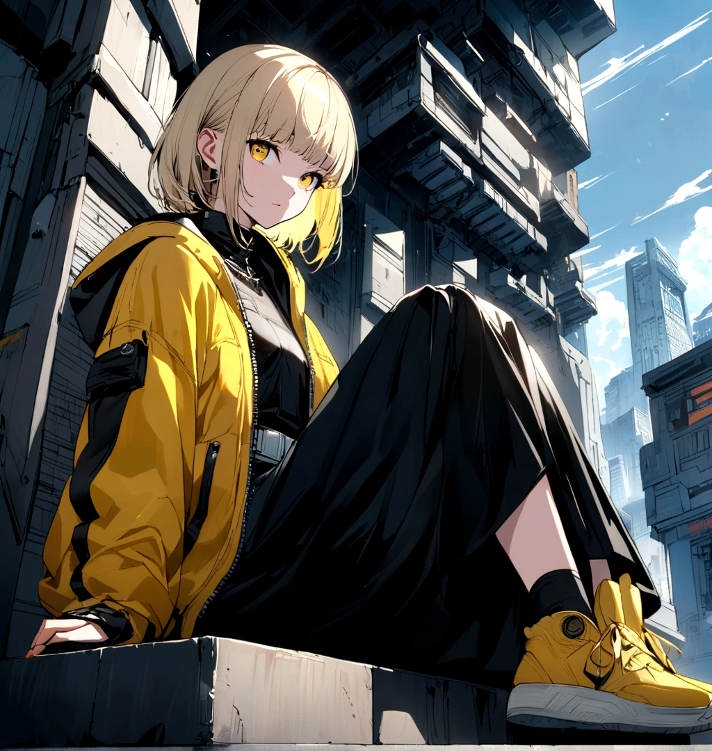 Create an anime-style artwork featuring a young girl seated on an urban structure with a futuristic city skyline in the background. The girl has short, light blonde hair with bangs and is dressed in a loose-fitting yellow jacket, a black skirt, and yellow sneakers. The scene should highlight the contrast between her vibrant outfit and the monochromatic, intricately detailed buildings behind her. The atmosphere is serene and reflective, with a modern, slightly futuristic aesthetic."