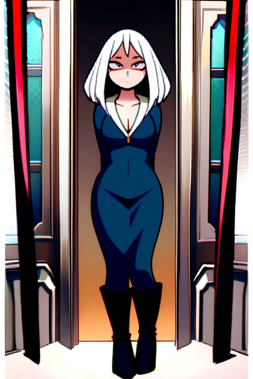 Screenshot of boku no hero academia, beautiful woman, slanted eyes, blue eyes, white hair with red tips, tight dress with neckline, stop, whole body, expression on his face serious, heeled boots, 