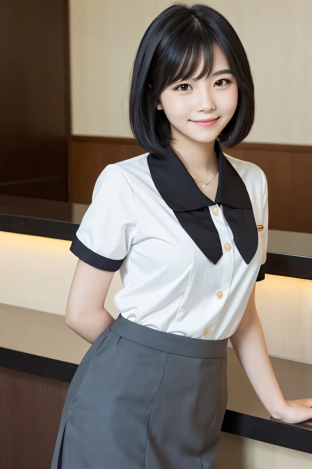 One girl,summer,Hotel Front Desk,reception,Standing,Black Hair,Short Bob,smile,Hotel Uniform,Honor student,Pure school,front,Small bulging lines on the chest,Look here,transparent, Soft Light,(masterpiece, Highest quality), Structure of the film, Like a movie