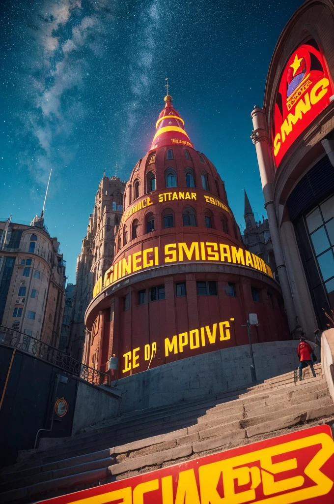 format: Rounded shield.
mole: Mountains stylized with the name "AcampSerra" At the center, in a modern font.
downtown: A cinema screen with small icons of a dinosaur, A magic wand (representing Harry Potter), and a spaceship (referencing "Star Wars").
fund: cores vibrantes como azul, red and yellow to give a happy and festive look.
Base: The date of the event and the phrase "CineMundo 2024".