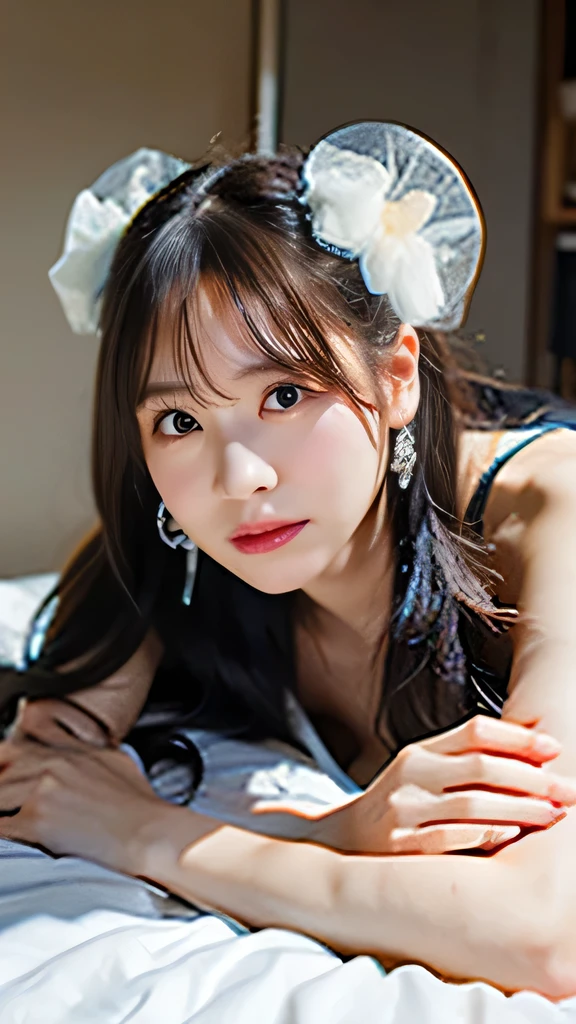 Highest quality,4K,8K,High resolution,Tabletop:1.2),Super detailed,(Realistic,Photorealisticです,Photorealistic:1.37),Beautiful and delicate blue eyes,long black hair in a high bun,detailed red veil,Sharp focus,Professional,Vibrant colors,Dark Background,Studio Lighting、smile、Wearing a T-shirt、Her ass is facing me、The face looks good、Chin slightly up、In bed