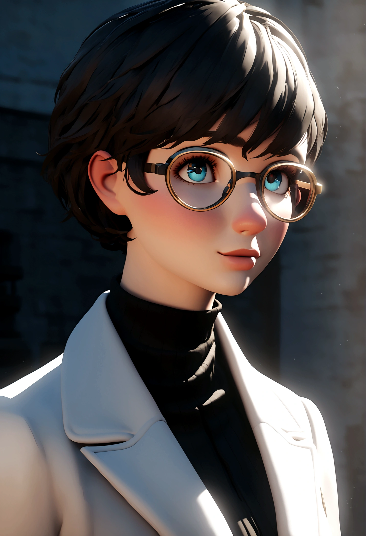 Pixar-Style 3D Eye Doctor, skin fair, with very short hair, charismatic, in a white coat. 