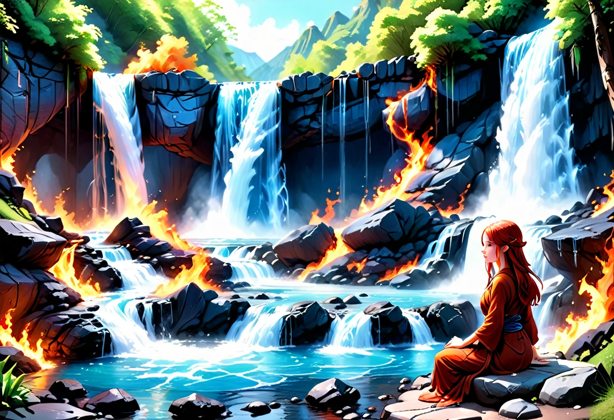 a picture of a female monk sitting and meditating near a waterfall, at the base of the waterfall,  there is a human woman monk wearing monk garbs, meditating near a bonfire near an (epic sized waterfall: 1.3), red hair, long hair, full body (best details, Masterpiece, best quality :1.5), ultra detailed face (best details, Masterpiece, best quality :1.5), ultra feminine (best details, Masterpiece, best quality :1.5), exquisite beautiful (best details, Masterpiece, best quality :1.5) red hair, long hair, wavy hair, pale skin, blue eyes, intense eyes, water coming down from a volcanic cliff, multi level water falls, several pools created in different levels, forming new waterfalls, water cascading into a (large lava pool: 1.3) steam rising, clear water in many hues of blue and azure, fantasy art, photorealistic, D&D art, ultra best realistic, best details, best quality, 16k, [ultra detailed], masterpiece, best quality, (extremely detailed), ultra wide shot, photorealism, depth of field, hyper realistic painting, faize, perfecteyes