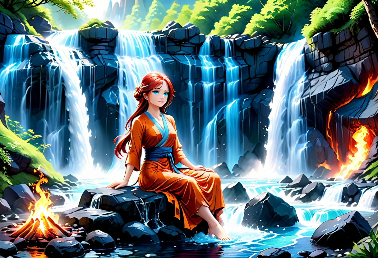 a picture of a female monk sitting and meditating near a waterfall, at the base of the waterfall,  there is a human woman monk wearing monk garbs, meditating near a bonfire near an (epic sized waterfall: 1.3), red hair, long hair, full body (best details, Masterpiece, best quality :1.5), ultra detailed face (best details, Masterpiece, best quality :1.5), ultra feminine (best details, Masterpiece, best quality :1.5), exquisite beautiful (best details, Masterpiece, best quality :1.5) red hair, long hair, wavy hair, pale skin, blue eyes, intense eyes, water coming down from a volcanic cliff, multi level water falls, several pools created in different levels, forming new waterfalls, water cascading into a (large lava pool: 1.3) steam rising, clear water in many hues of blue and azure, fantasy art, photorealistic, D&D art, ultra best realistic, best details, best quality, 16k, [ultra detailed], masterpiece, best quality, (extremely detailed), ultra wide shot, photorealism, depth of field, hyper realistic painting, faize, perfecteyes