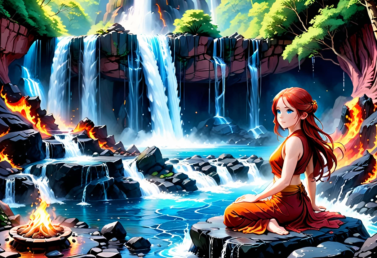a picture of a female monk sitting and meditating near a waterfall, at the base of the waterfall,  there is a human woman monk wearing monk garbs, meditating near a bonfire near an (epic sized waterfall: 1.3), red hair, long hair, full body (best details, Masterpiece, best quality :1.5), ultra detailed face (best details, Masterpiece, best quality :1.5), ultra feminine (best details, Masterpiece, best quality :1.5), exquisite beautiful (best details, Masterpiece, best quality :1.5) red hair, long hair, wavy hair, pale skin, blue eyes, intense eyes, water coming down from a volcanic cliff, multi level water falls, several pools created in different levels, forming new waterfalls, water cascading into a (large lava pool: 1.3) steam rising, clear water in many hues of blue and azure, fantasy art, photorealistic, D&D art, ultra best realistic, best details, best quality, 16k, [ultra detailed], masterpiece, best quality, (extremely detailed), ultra wide shot, photorealism, depth of field, hyper realistic painting, faize, perfecteyes