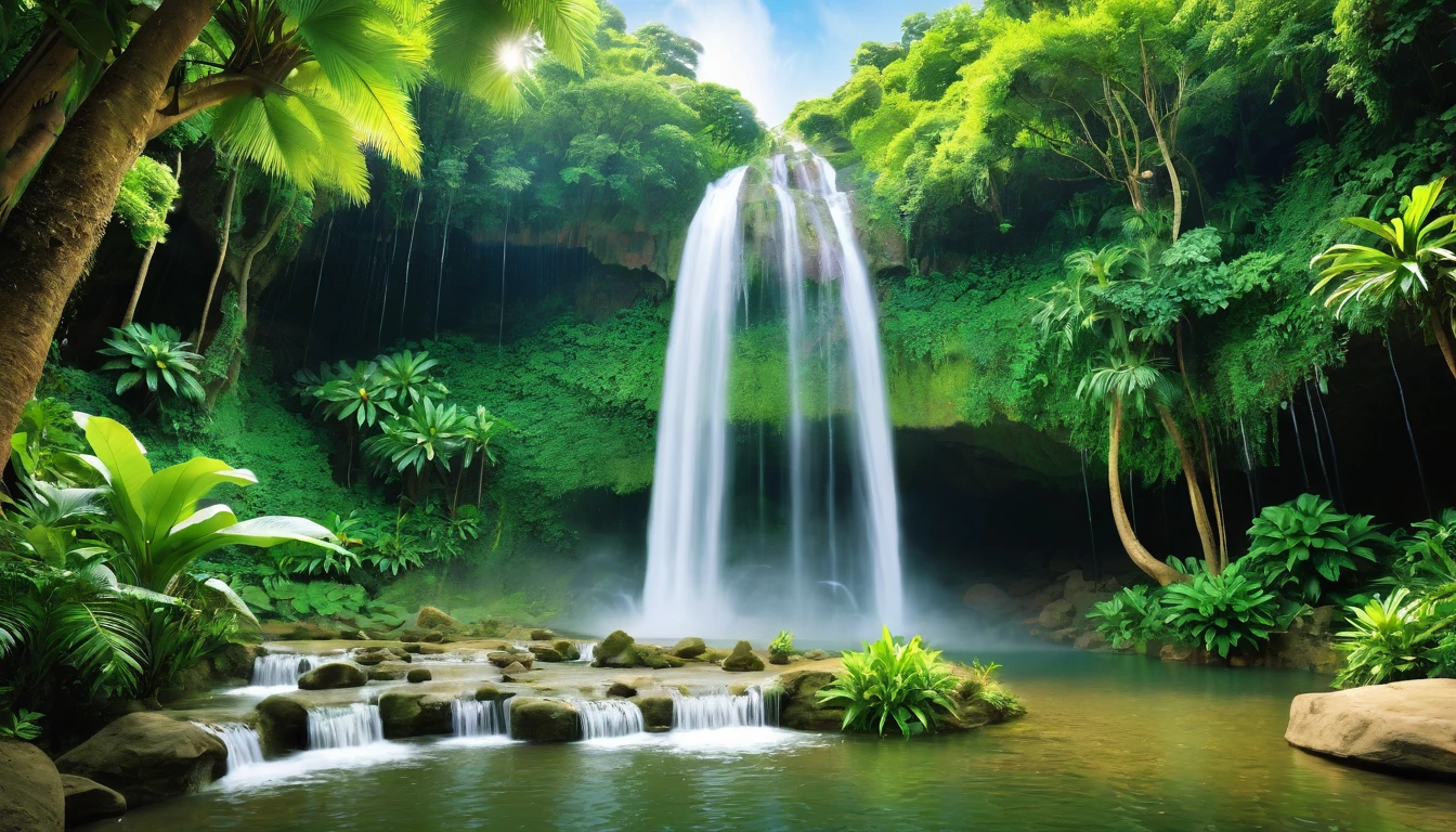 Immerse yourself in a peaceful oasis of lush greenery and cascading waterfalls, ideal for finding inner peace and calm.