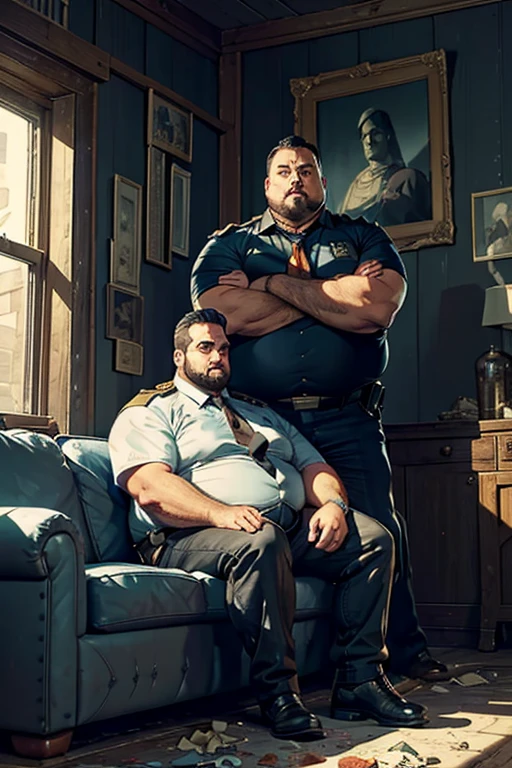 close 1 man in(handsome mature man, plumpness, morbid, extremely thick thighs, bulging belly fat), older man, gray hair, white male, ( dressing,booties,stubbles,Police Chief,to roast,Barba,Geezer,Inside the house,necktie,sitting down,legs spread open,), protuberance, clearing detailed in clothes, (fat and corpulent: 1.3), full Barba very long, gazing at viewer, handsome man, detailedeyes, symmetrical face, mischievous grin, chunky, whisker, longer hair, your body is lying on its side on the floor, from front view.), (crossing your arms: 1.22), (detailed living room background:1.1), on a sofa, chilling, textures 4k, smooth light, chic, highy detailed, sharp focus, calming hues, insane details, details Intricate, hyperdetailed, low-contrast, Exposure Mix, hdr, missing、detailed facial expressions、(work of art),highest quallity,excellent anatomy、、general dark atmosphere,Chubby cowboy with big fat belly, standing shirtless in a barn full of hay, wearing blue jeans and cowboy boots. (( In the style of Adrian Ghenie, Esau Andrews, Jenny Saville, Edward Hopper, Surrealism, Dark Art par James Jean, Takato Yamato, Minimalism inkpunk))