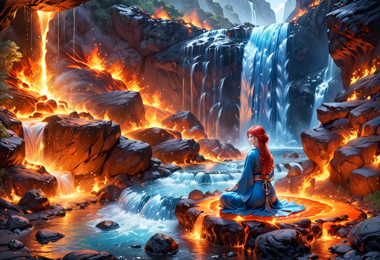 a picture of a female monk sitting and meditating near a waterfall, at the base of the waterfall,  there is a human woman monk wearing monk garbs, meditating near a bonfire near an (epic sized waterfall: 1.3), red hair, long hair, full body (best details, Masterpiece, best quality :1.5), ultra detailed face (best details, Masterpiece, best quality :1.5), ultra feminine (best details, Masterpiece, best quality :1.5), exquisite beautiful (best details, Masterpiece, best quality :1.5) red hair, long hair, wavy hair, pale skin, blue eyes, intense eyes, water coming down from a volcanic cliff, multi level water falls, several pools created in different levels, forming new waterfalls, water cascading into a (large lava pool: 1.3) steam rising, clear water in many hues of blue and azure, fantasy art, photorealistic, D&D art, ultra best realistic, best details, best quality, 16k, [ultra detailed], masterpiece, best quality, (extremely detailed), ultra wide shot, photorealism, depth of field, hyper realistic painting, faize, perfecteyes