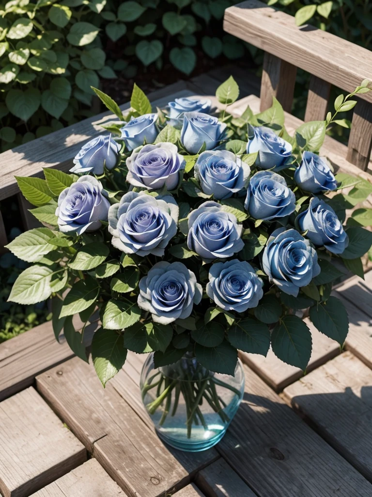 garden full of blue pink roses with green stems and a mixture of gold