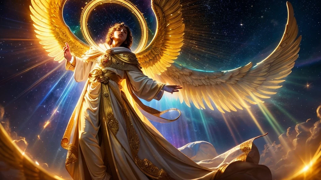 A majestic angelic figure with a commanding presence, standing in the heavens, surrounded by a celestial glow. He is adorned in intricate, luminous robes, and holding a golden harp, symbolizing his role in music. The scene is filled with an aura of divine authority and serenity, evoking a sense of awe and reverence