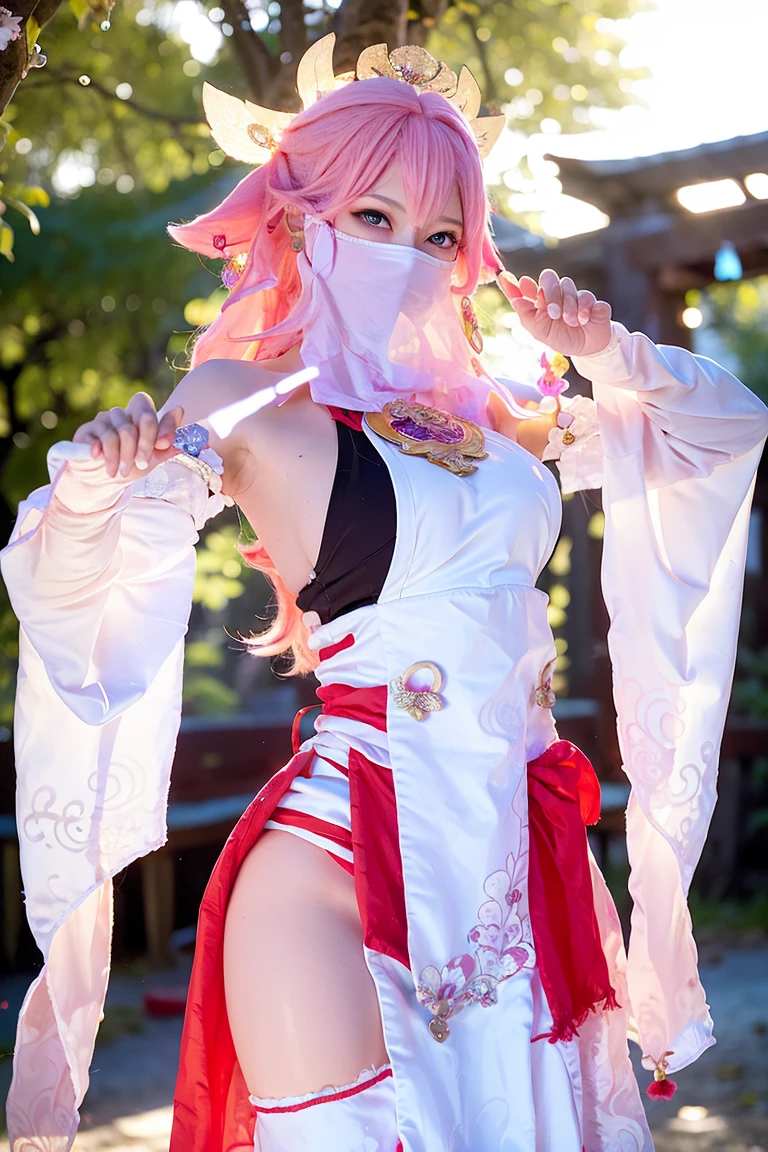(Extreme Detail CG Unity 8K wallpaper, masterpiece, highest quality), (ulzzang-6500-v1.1:0.4) 1girl, kpop idol, yae miko, detached sleeves, pink hair, long hair, best quality, (photorealistic:1.2), (hair ornament:1.35), jewelry, wearing face veil, (white face veil, silk mask veil:1.2), purple eyes, earrings, (very huge round breasts, big breasts: 1.2), torii, cherry blossoms, lantern light, depth of field, detailed face, face focus, (looking at viewer:1.25), shiny skin, long sleeves, cowboy shot, dynamic pose, (bending forward, show the armpits, open the inseam quite wide, sexypose:1.3), game cg, thigh highs, east asian architecture, night day, blurry background, full body, arms behind back, hands behind,