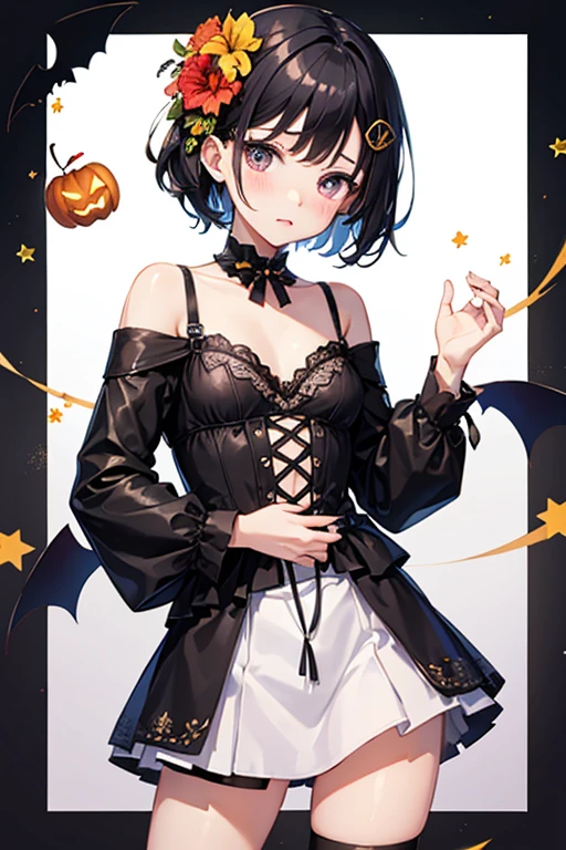 Black Hair、Iris、Short Hair、Girl、cute、16 years old、Witch Cosplay、Embarrassed、Embarrassed、、Small breasts、Small hair ornament、Halloween background