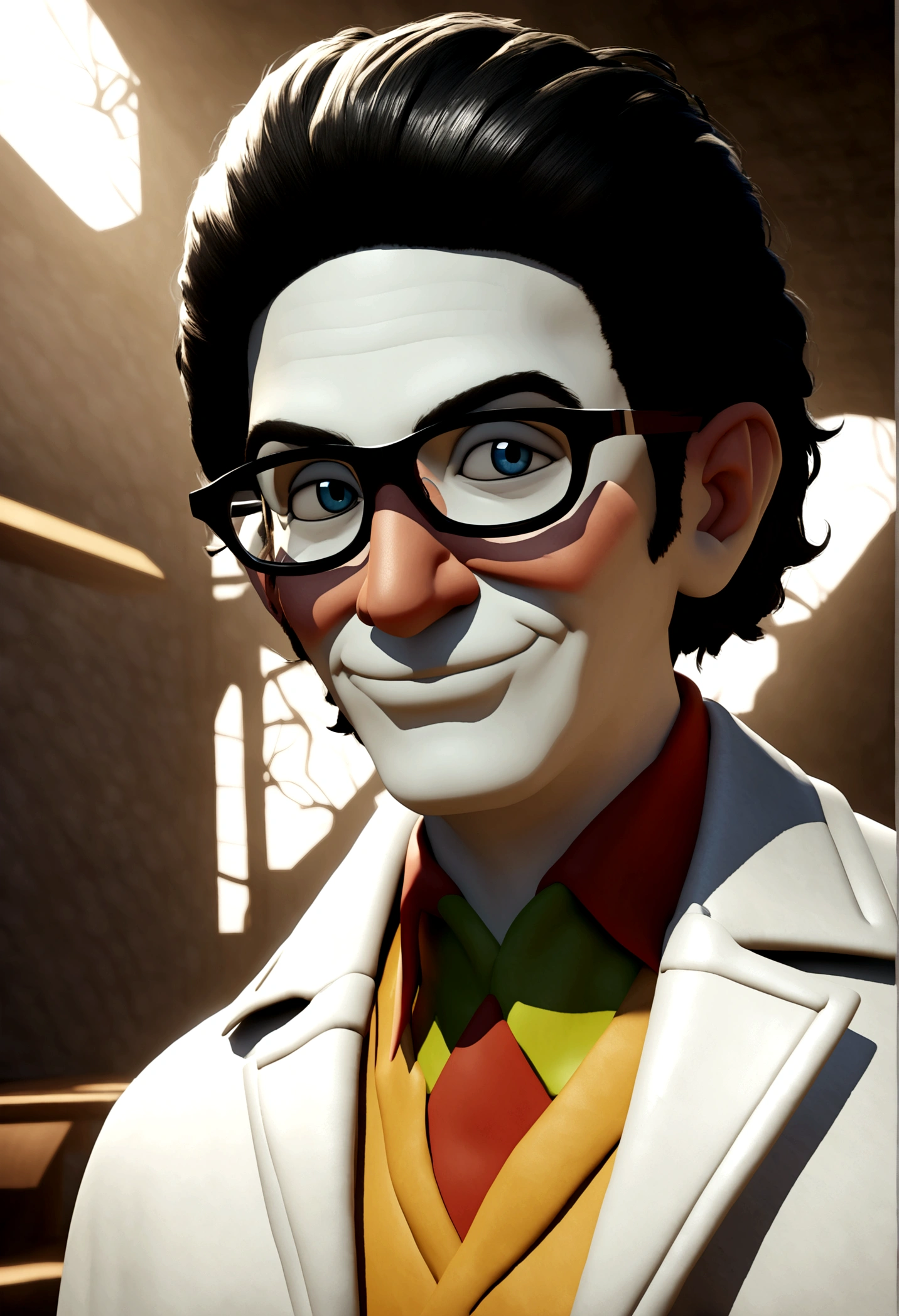 A Pixar-Style 3D Ophthalmologist, 35-year-old man, charismatic smiling, white skin, short black hair, wearing a white coat, smooth face without beard, he does not wear glasses