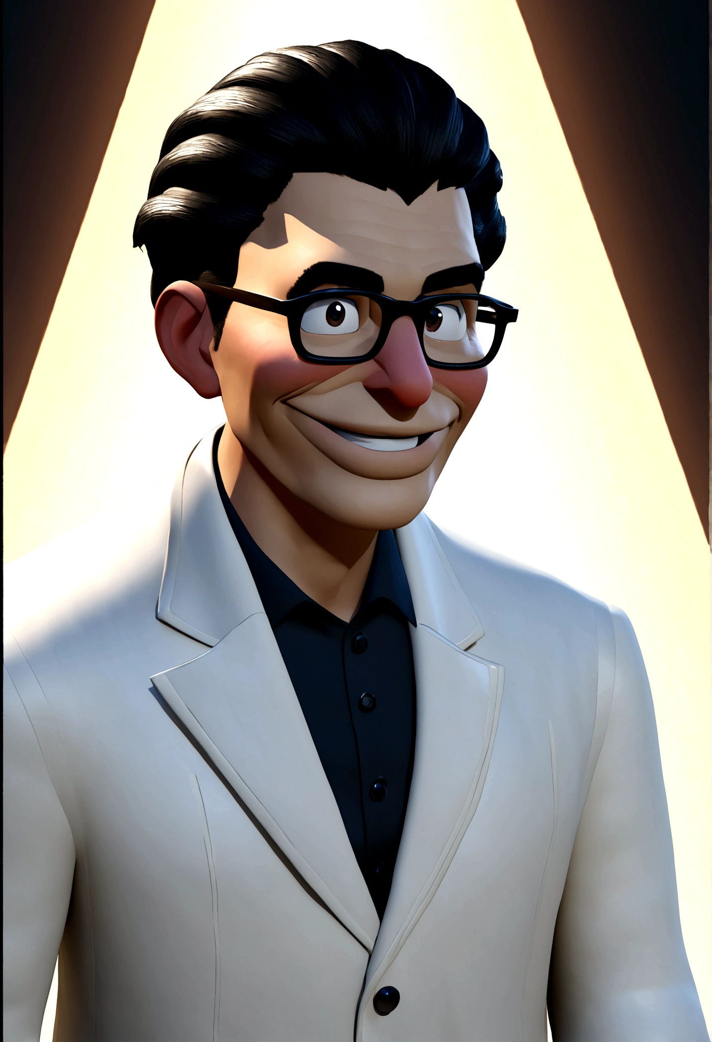 A Pixar-Style 3D Ophthalmologist, 35-year-old man, charismatic smiling, white skin, short black hair, wearing a white coat, smooth face without beard, he does not wear glasses