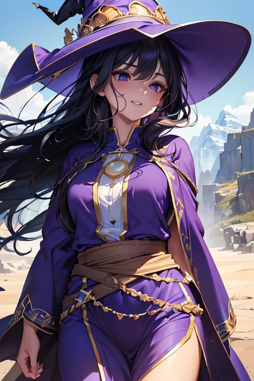 #Basics A girl is posing for a photo, animeのかわいい***, (((One Girl, Baby Face, Young girl, ************))), 
BREAK 

#Clothing Accessories 
(Without Outfit:1.3 + Blue clothes + ((Purple Robe)) + ((Purple Witch Hat)) + ((Magic wand))), 
BREAK 

#Features 
((Black Hair:1.4), Curly hair:1.4, (Long Hair : Long Hair + Hair blowing in the wind)),  
(Droopy eyes, blue eyes), (Small breasts),  
BREAK 

#background environment 
((noon, Fantasy World, Mountain:1.4, blue sky)), 
#Facial Expression Pose
((Wicked Smile), (Are standing)), 
#composition 
((Face the camera, Angle from the front, Cowboy Shot:1.4)), 
BREAK 

#Body parts elements 
(Detailed hair, Beautiful Hair, Shiny Hair), 
(double eyelid, Long eyelashes), 
(Expression of fine eyes, Beautiful and delicate eyes, Sparkling eyes, Eye Reflexes, Glitter Eyeliner), 
(Human Ear), 
(Beautiful Nose, Thin Nose), 
(Glossy lips, Beautiful Lips, Thick lips, Glossy Lips, Natural Cheeks), 
(Detailed face, Symmetrical facial features), 
(Detailed skin, Textured skin, Beautiful Skin, Shiny skin), 
BREAK 

#Quality 
(((Highest quality)), ((masterpiece)), ((Very detailed))), ((High resolution), (16K,1080P)), 
(Realistic), (Anatomically correct), 
((comics, anime)), (3DCG), CG illustration,
