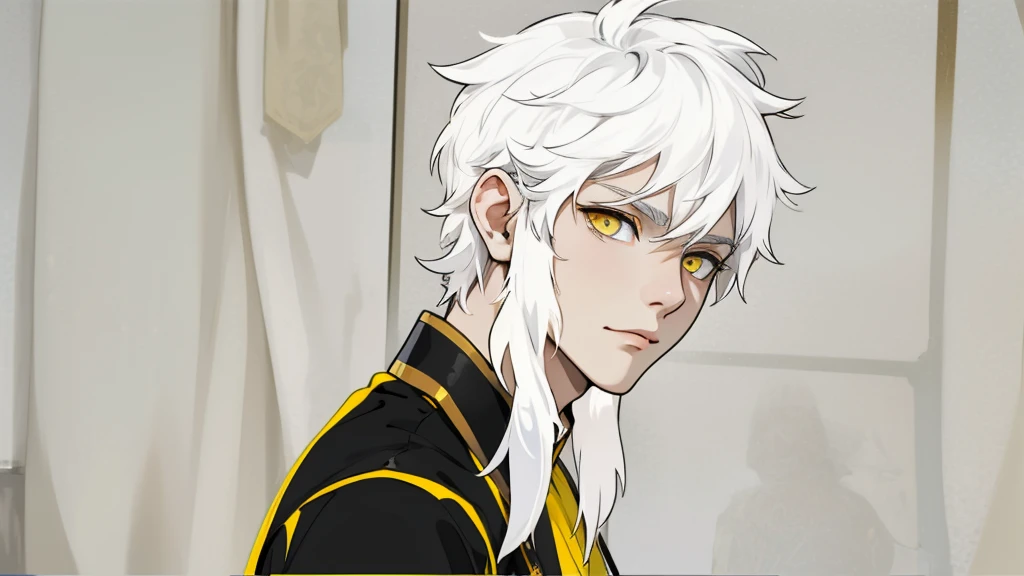 white hair yellow eyes black egyptian tunic he is listening to someone he is serious thoughtful