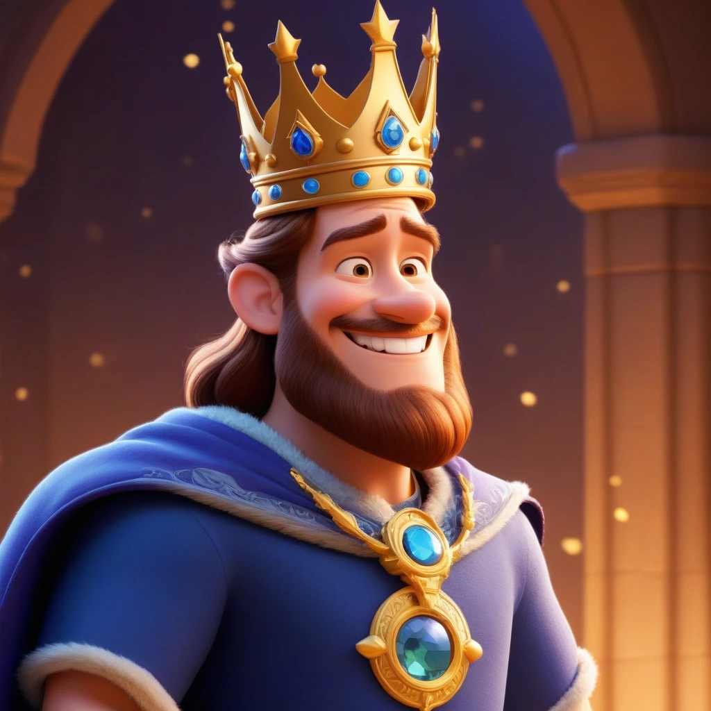 The character is a king, вдохновленный Disney Pixar, He wears a crown, smiling, side view