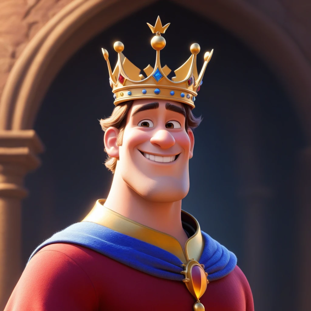 The character is a king, вдохновленный Disney Pixar, He wears a crown, smiling, side view