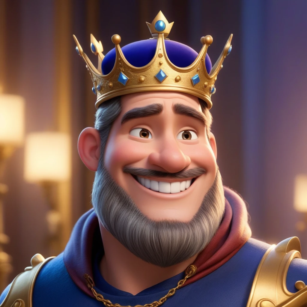 The character is a king, вдохновленный Disney Pixar, He wears a crown, smiling, side view