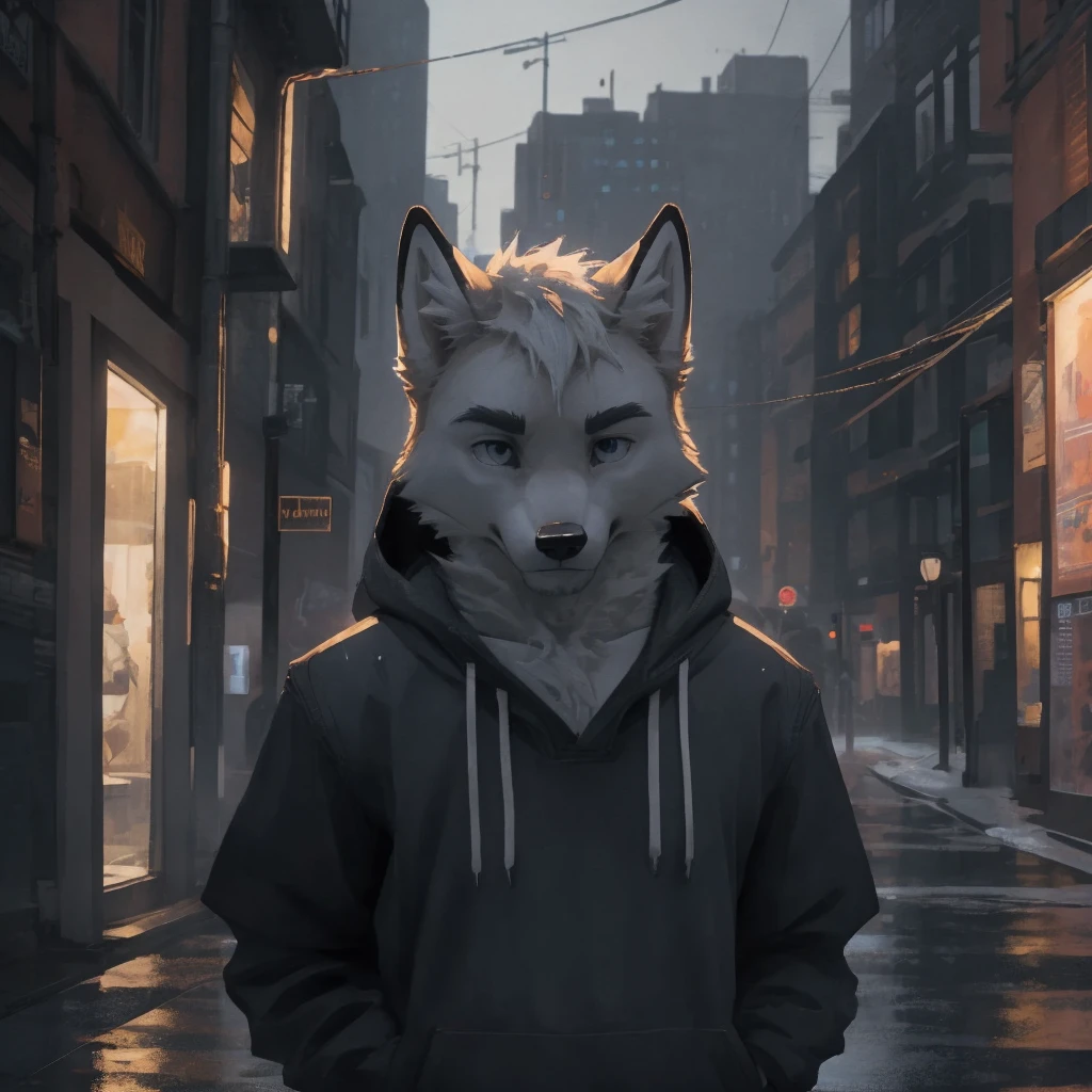 Male, males, fox, arctic fox, white fur, short hair, 20 years old, hoodie, night, public, city streets, rain, water drops, dramatic effect, dramatic light, shadow, shade, higlight, high quality, high details, High detailed image, high quality image, Very detailed shadows, high detail shadows, high details 