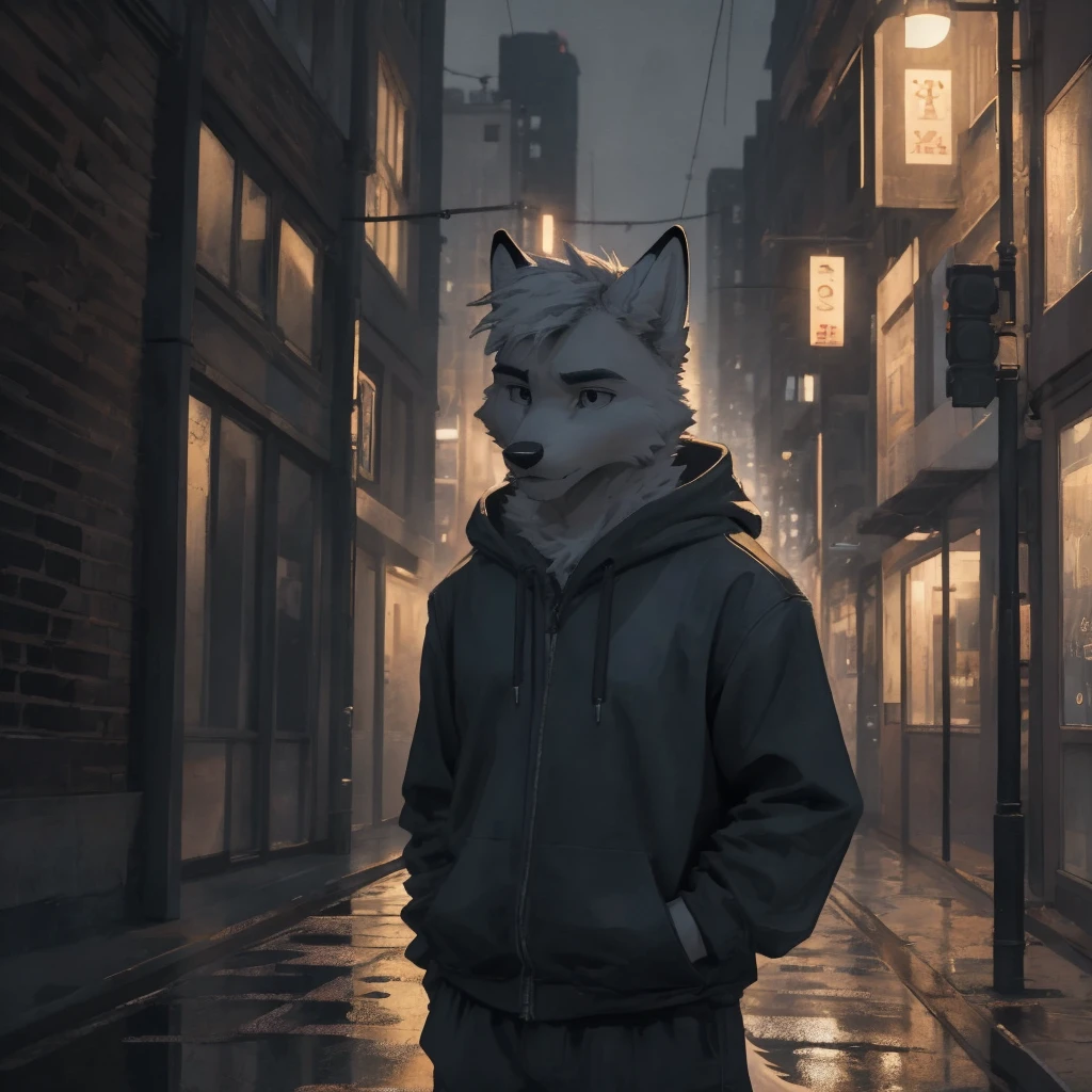 Male, males, fox, arctic fox, white fur, short hair, 20 years old, hoodie, night, public, city streets, rain, water drops, dramatic effect, dramatic light, shadow, shade, higlight, high quality, high details, High detailed image, high quality image, Very detailed shadows, high detail shadows, high details 