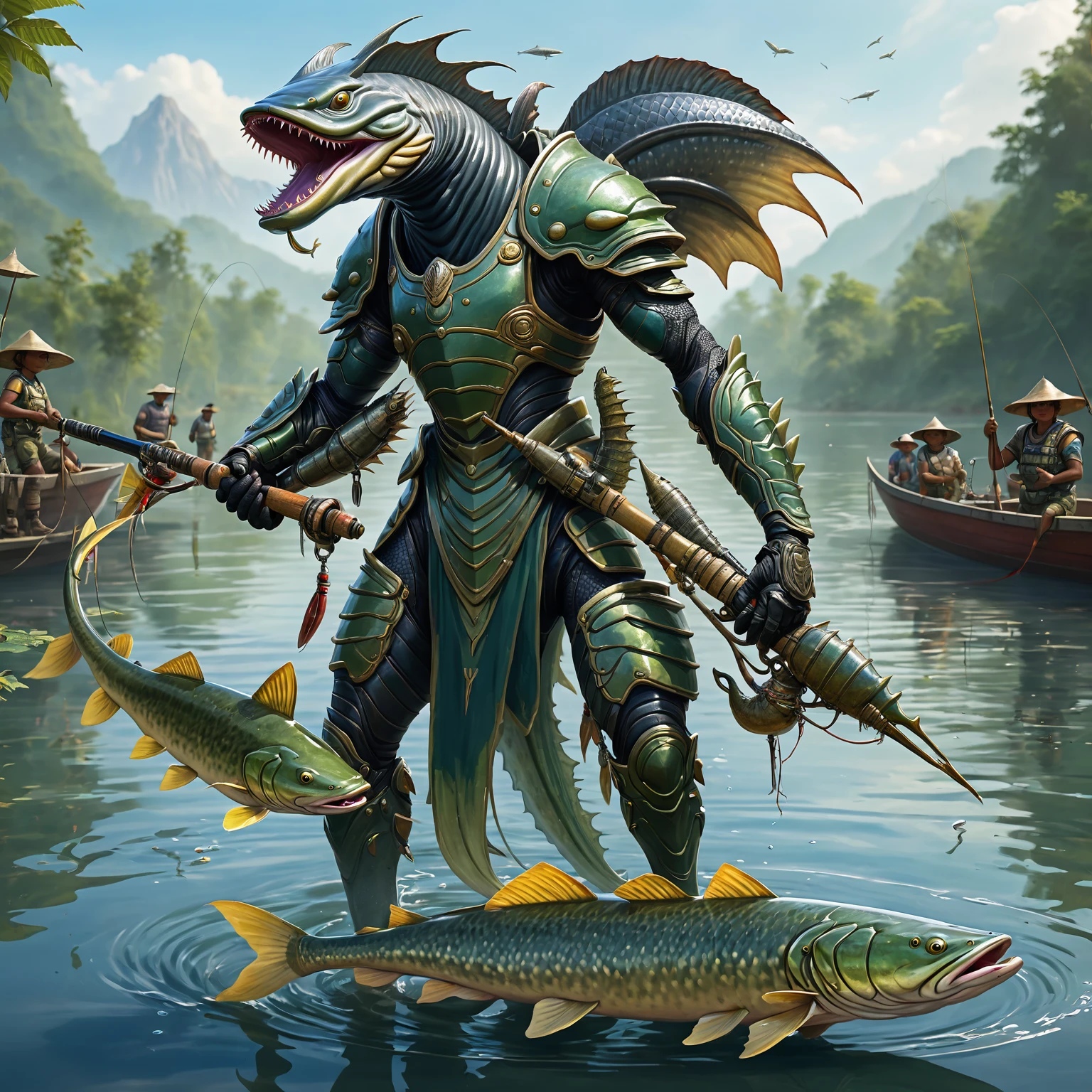 Yautja alien with half armour holding proudly a giant catfish at a fishing competition.