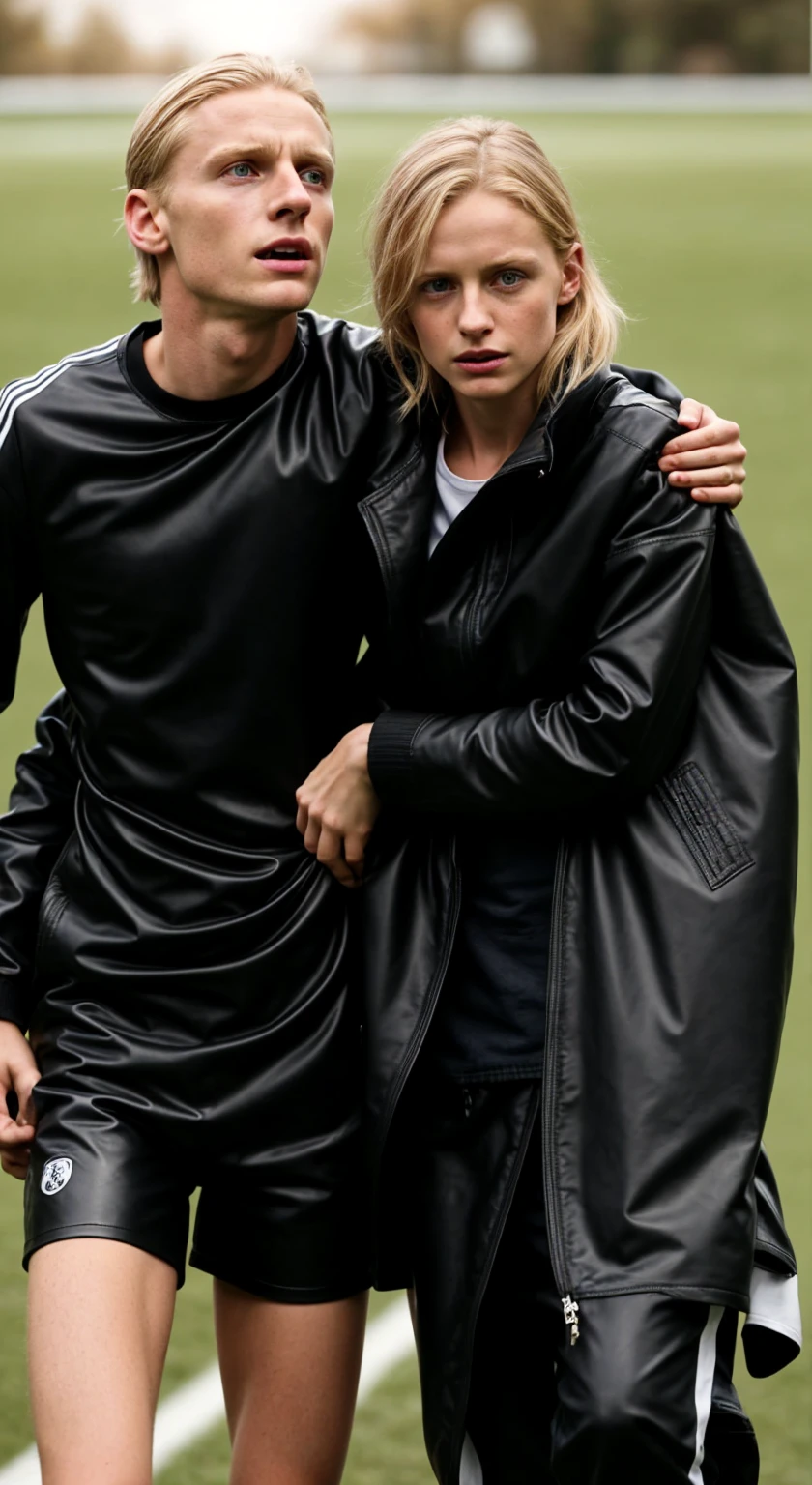 an injured soccer player needs support, a blond woman supports an injured soccer player in walking, he is really collapsing with pain, he is really fainting, she is holding him up, he is hanging on her shoulder, they are standing very close together, his hand is lying on her shoulder, arm-in-arm, she has her hand around his waist, she is wearing shiny leather pants, she is grabbing his waist, a man in a white tanktop, a shorthaired blond man, a girl in shiny leather pants, a shorthaired blond man in a white tanktop, a brownhaired woman with a very desperate facial expression, a brownhaired woman in a high shine blue and red nylon-coat, there is a young couple standing arm-in-arm, there is a brownhaired attractive woman wearing a high-shine nylon-coat, a wetlook nylon-coat, a brownhaired woman is crying with sorrow, a brownhaired woman is holding an injured shorthaired boy, there is a boy in jeans and tanktop hugging a brownhaired woman that is wearing a very shiny padded laquered coat, a shorthaired blond boy has a painful face and cannot walk, there is a brownhaired girl giving support to an injured shorthaired boy, a wounded blond and shorthaired boy cannot walk and has to be supported by a girl, he grabs her shoulder, he has his arm around her shoulder, his hand is on her shouder, a sad looking girl ia carrying a wounded boy, masterpiece, jeans, boy in a white cotton tanktop, super detailed background, detailed face, brown eyes, crying out, tears, desperation, pain, agony, accident pose, dramatic suffering pose, hands detailed hands
