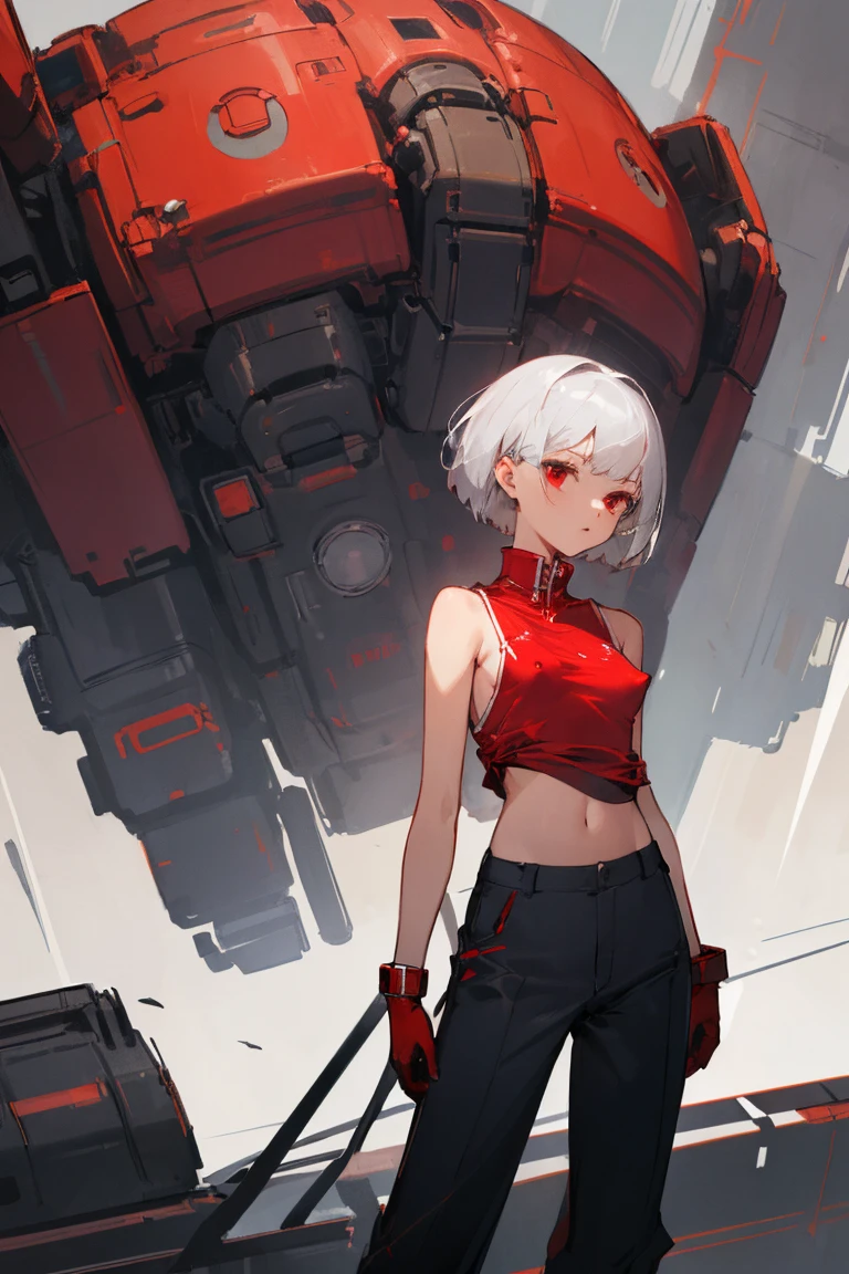 ((Highest quality)), ((masterpiece)), (Become familiar with), 1 girl, alone, Silver Hair,Brown Skin,Red eyes,Long trousers,Red sleeveless,((Red Shirt)),Clothes with a visible back, thin,thin,short hair,Small breasts, Erect nipples, gloves, cyber punk,sf
