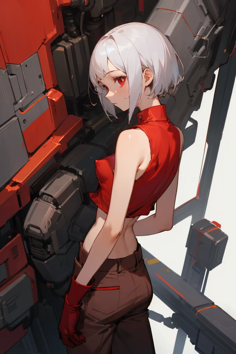 ((Highest quality)), ((masterpiece)), (Become familiar with), 1 girl, alone, Silver Hair,Brown Skin,Red eyes,Long trousers,Red sleeveless,((Red Shirt)),Clothes with a visible back, thin,thin,short hair,Small breasts, Erect nipples, gloves, cyber punk,sf