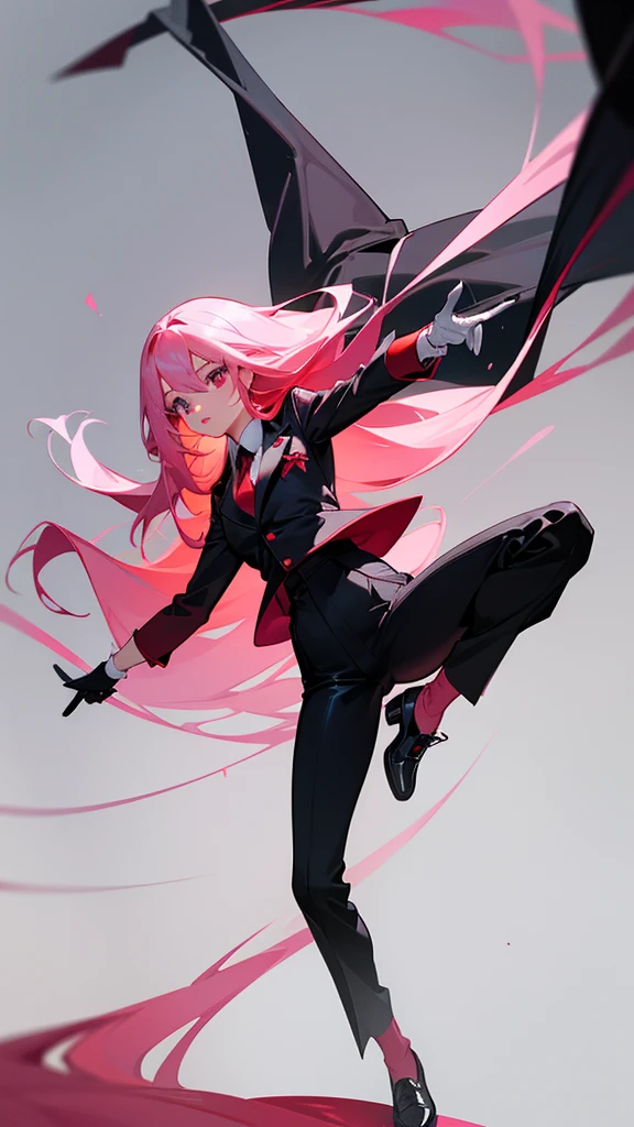 appears a woman with long pink hair, an angelic face, the age of a college girl with slightly dark blue pupils. The woman is wearing a neat black suit with a white shirt and red tie and a red jacket. the woman is wearing black trousers and black leather hills shoes. both hands wear white rubber gloves. Anime style