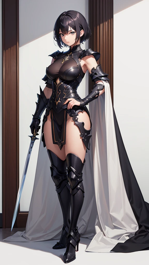 (masterpiece, 4K ,Super detailed:1.2), (anime:1), Dynamic posture, Strong women, Female Swordsman, short hair, armor, tall, Full body side view, View Viewer, Pure white background