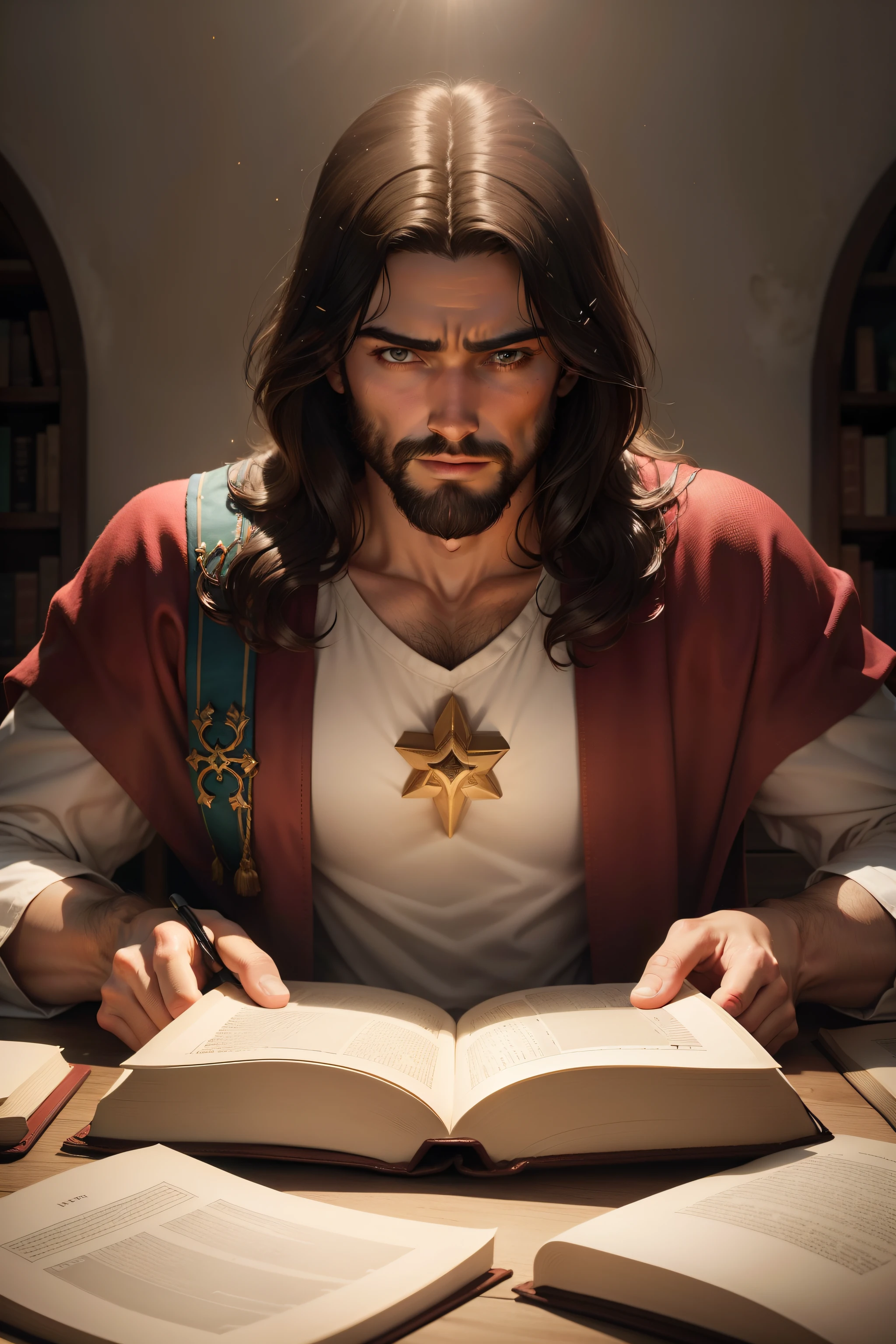 1 man Jesus Christ in frame, with the bible in hand. lightrays