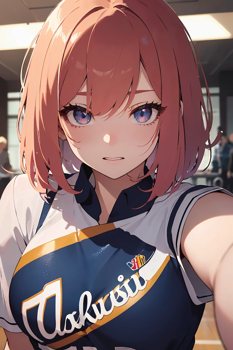 masterpiece, absurdres, best quality, ultra detailed, high Resolution, detailed illustration, bright colour, (extremely beautiful detailed face and eyes, Delicate beautiful face, 1 girl, cute face:1.3), (magenta eyes:1.1), sparkling eyes, big eyes, medium breasts, (perky breasts:1.1), (pointy breasts:1.1), medium hips, glamorous body, white skin, BREAK, long bob cut, (blonde hair:0.8), messy hair, detailed hair, shiny hair, BREAK (undressed, basketball uniform, Tuck up your shirt, Panties:1.3), perfect lighting, (embarrassed:1.3), (ecstasy, vulgarity:1.5), (trembling:0.8), gym,