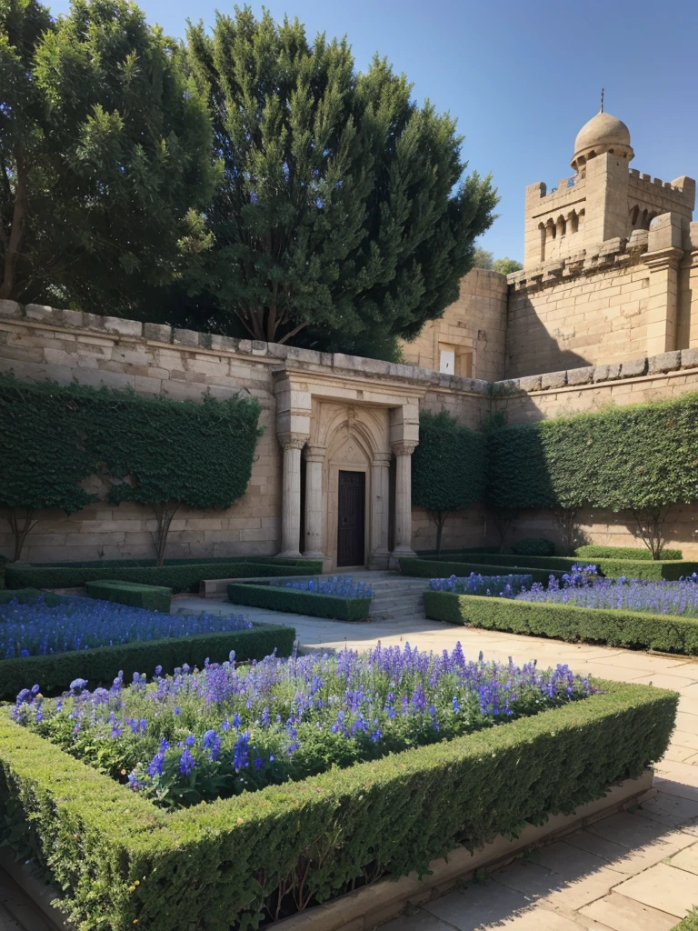 A garden in an Egyptian castle full of blue flowers with green and golden stems