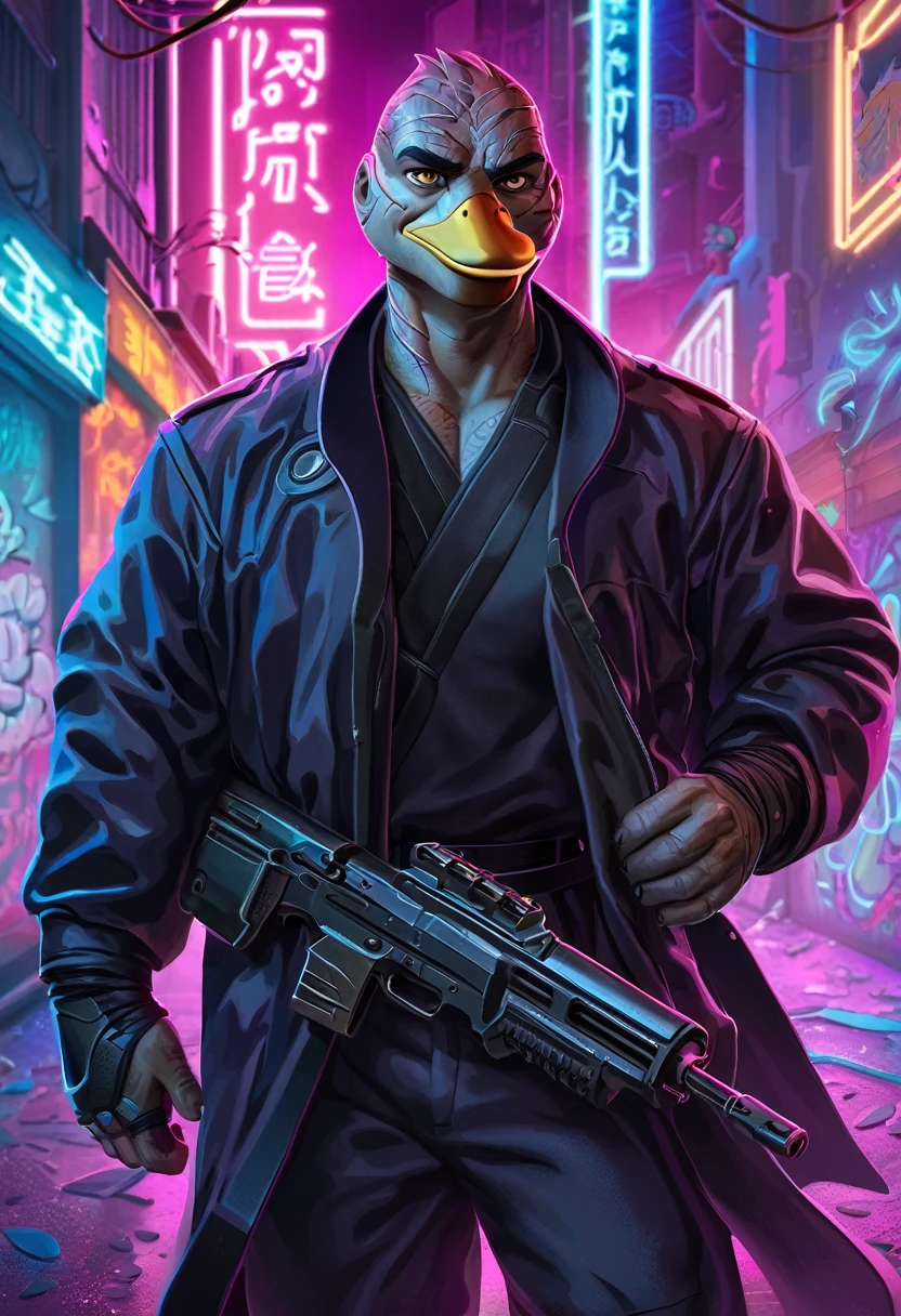 ((Artwork)), ((best quality)), (Very detailed), ((Very detailed)), 4K, (8K), very aesthetic, Absurd Highres, 1 men, Anthropomorphic duck, Furry, kimono, Em In a neon-lit city alley, a ruthless man with cybernetic prosthetics has sharp eyes, wearing a sophisticated combat suit and dark coat. He has deep scars on his face and holds advanced weapons in his hands. Neon lights and hologram advertisements glow in the background, and broken machines and graffiti are scattered around.
