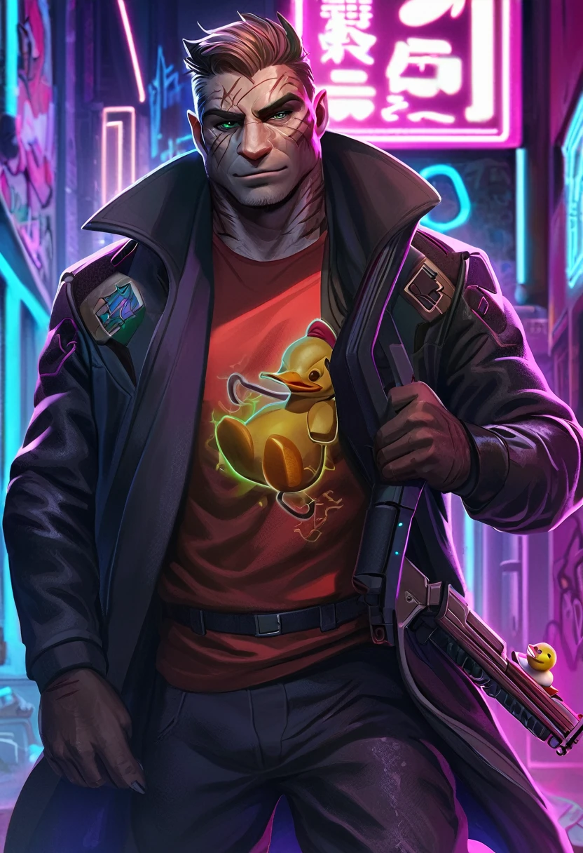((Artwork)), ((best quality)), (Very detailed), ((Very detailed)), 4K, (8K), very aesthetic, Absurd Highres, 1 men, Anthropomorphic duck, Furry, kimono, Em In a neon-lit city alley, a ruthless man with cybernetic prosthetics has sharp eyes, wearing a sophisticated combat suit and dark coat. He has deep scars on his face and holds advanced weapons in his hands. Neon lights and hologram advertisements glow in the background, and broken machines and graffiti are scattered around.