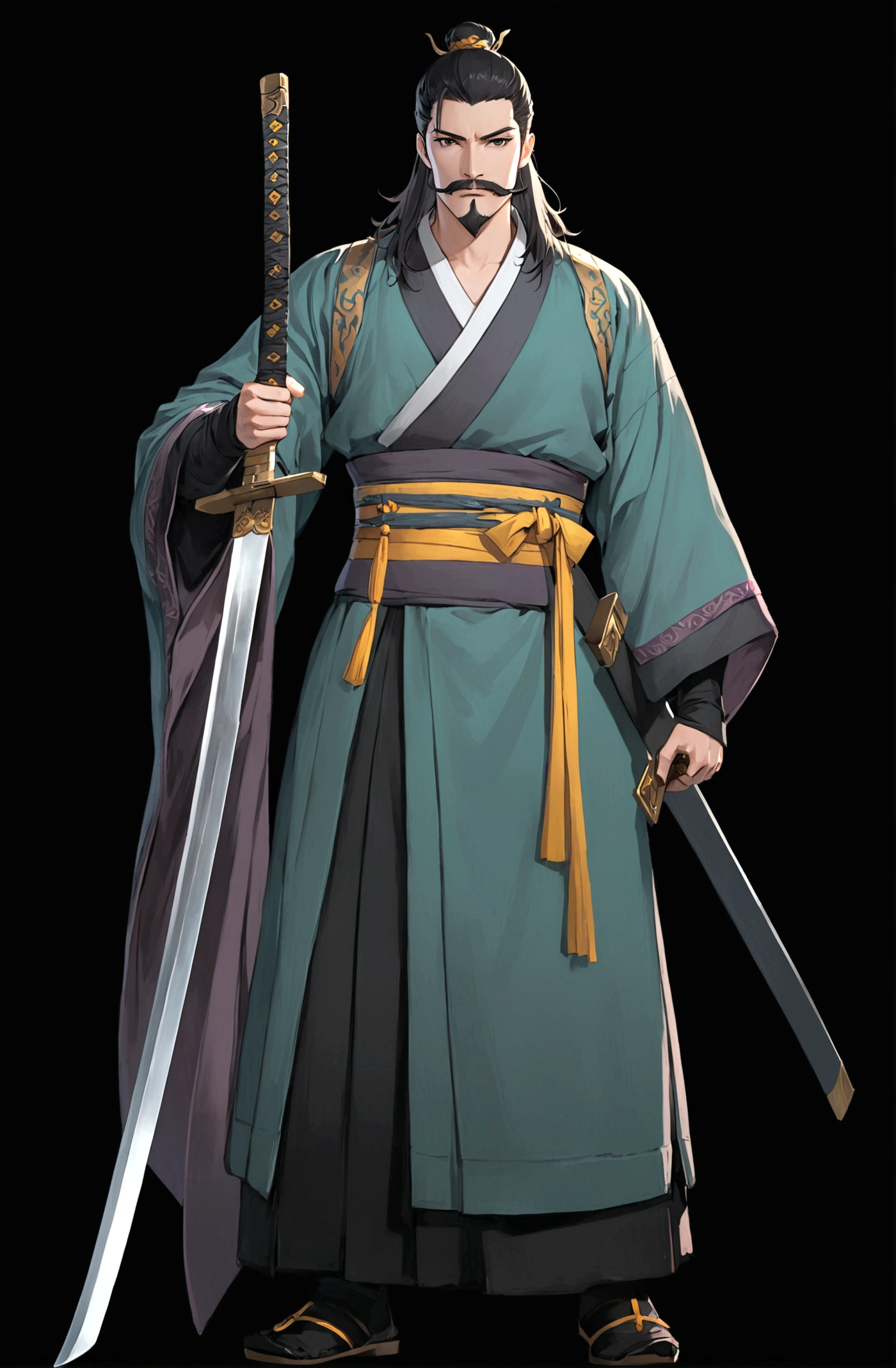 solo, looking at viewer, simple background, black hair, long hair,1boy, holding, standing, full body, weapon, male focus, hanfu, sword, holding weapon, black eyes, sash, facial hair, holding sword, black background, beard, mustache