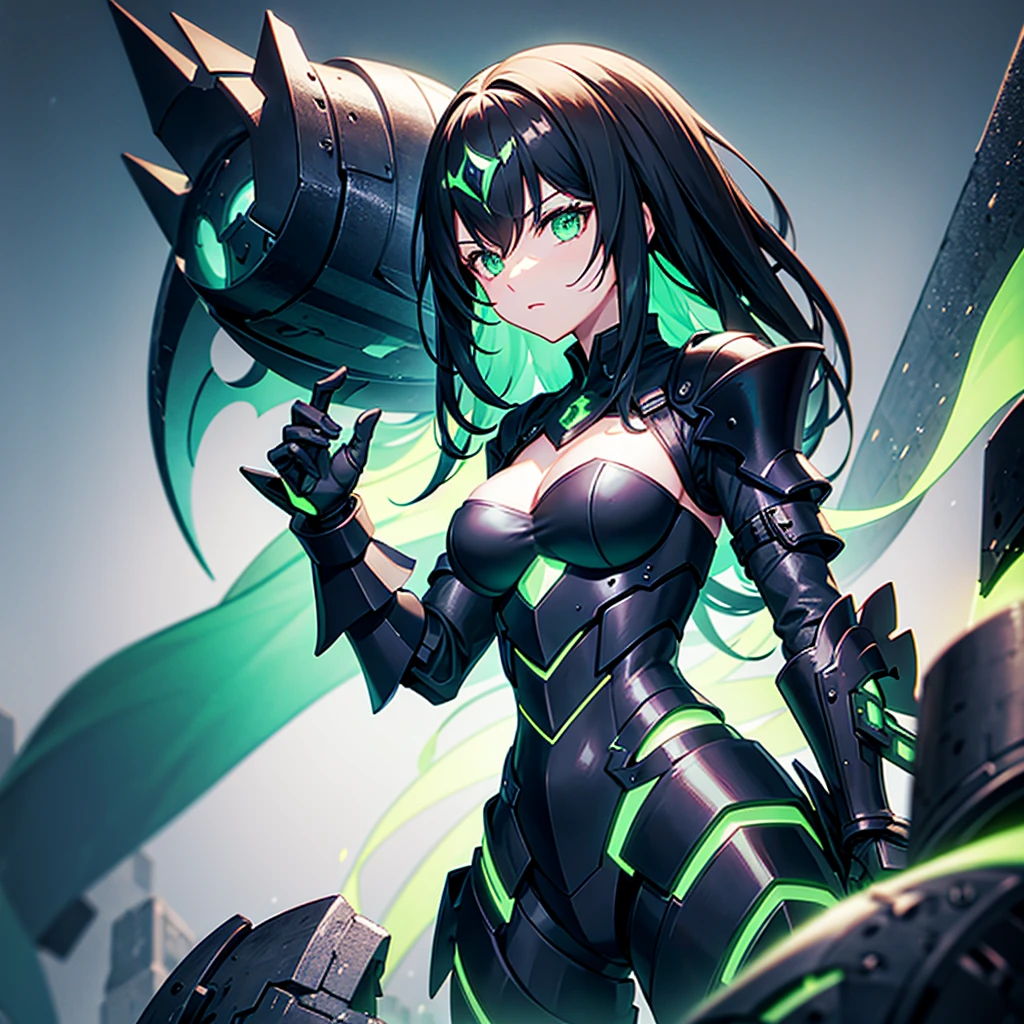 Black and green machina girl, giant gauntlets, thunder