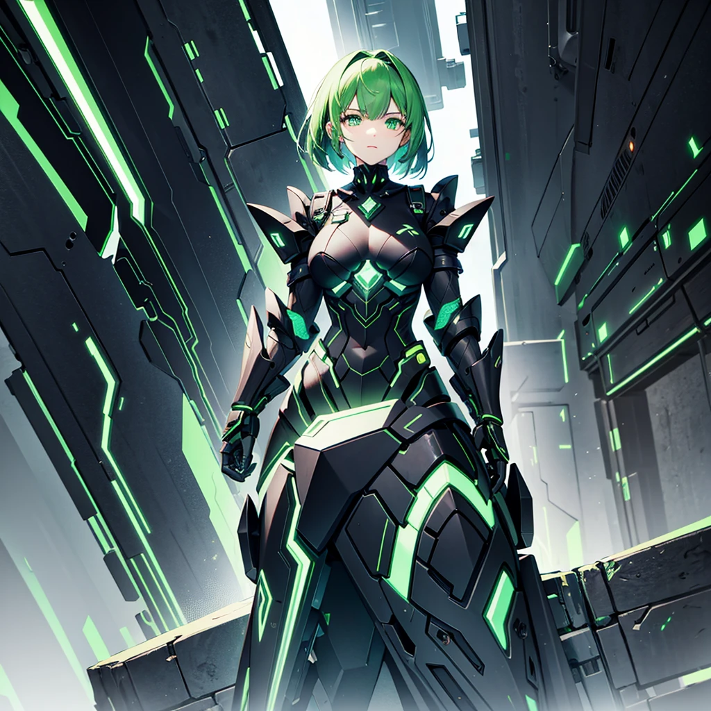 Black and green machina girl, giant gauntlets, thunder