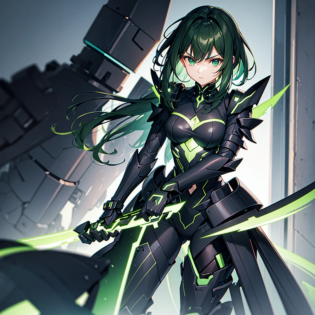 Black and green machina girl, giant gauntlets, thunder