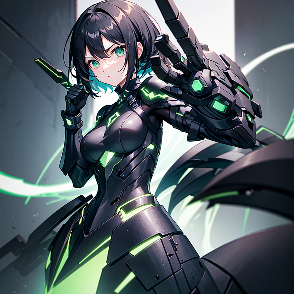 Black and green machina girl, giant gauntlets, thunder
