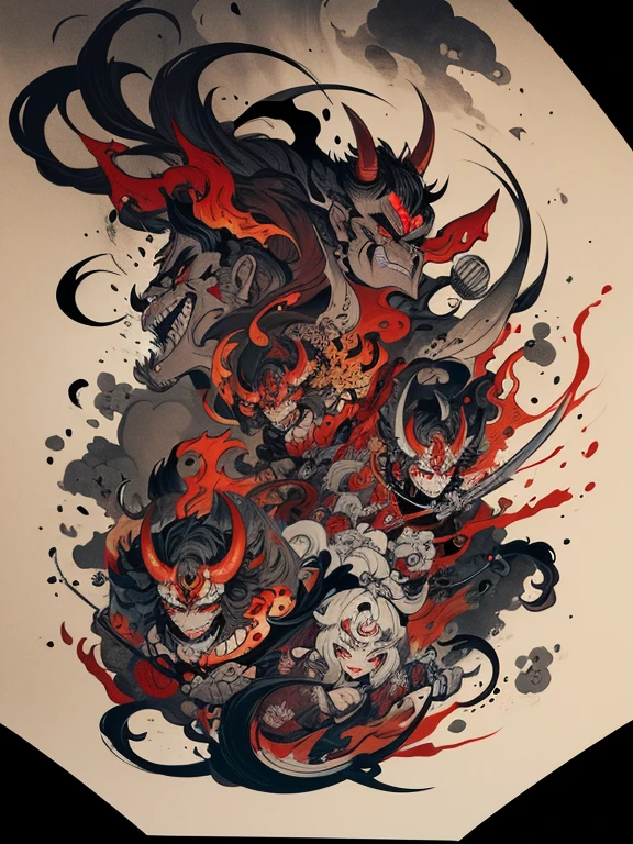 pandemonium, group of oni, oni, The picture is painted in the style of a Japanese ink painting, (Side angle)
