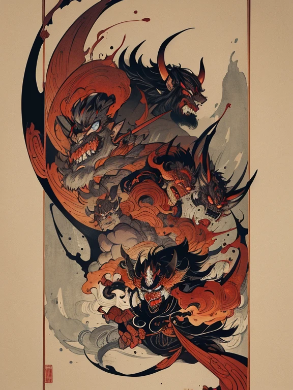 pandemonium, group of oni, oni, The picture is painted in the style of a Japanese ink painting, (Side angle)