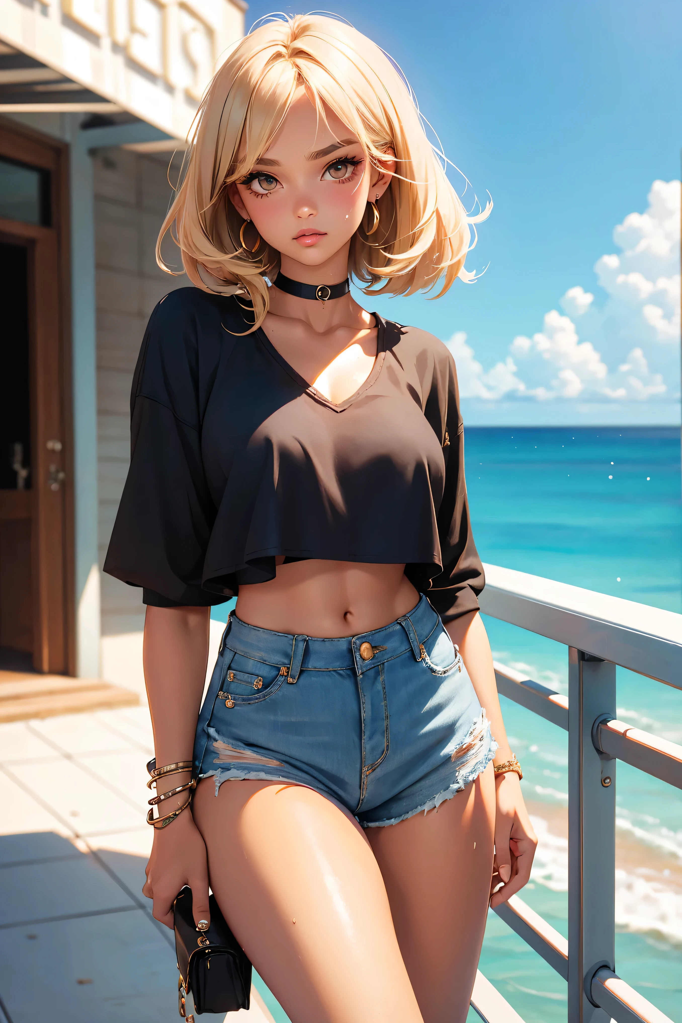 Teenage girl-model 18 years old, beautiful, tanned, blonde, bob hair, bangs, brown eyes, beautiful figure, girl wearing crop shirt and too short mini shorts, beautiful long legs, slave bracelets, slave choker, manicure, cute makeup, sweaty clothes, flirtatiously posing, hot summer, hot flirty,  posing, summer outfit, top quality, higest quality, pin-up style, retro 80s style, Daisy Dukes style, Miami vibes,