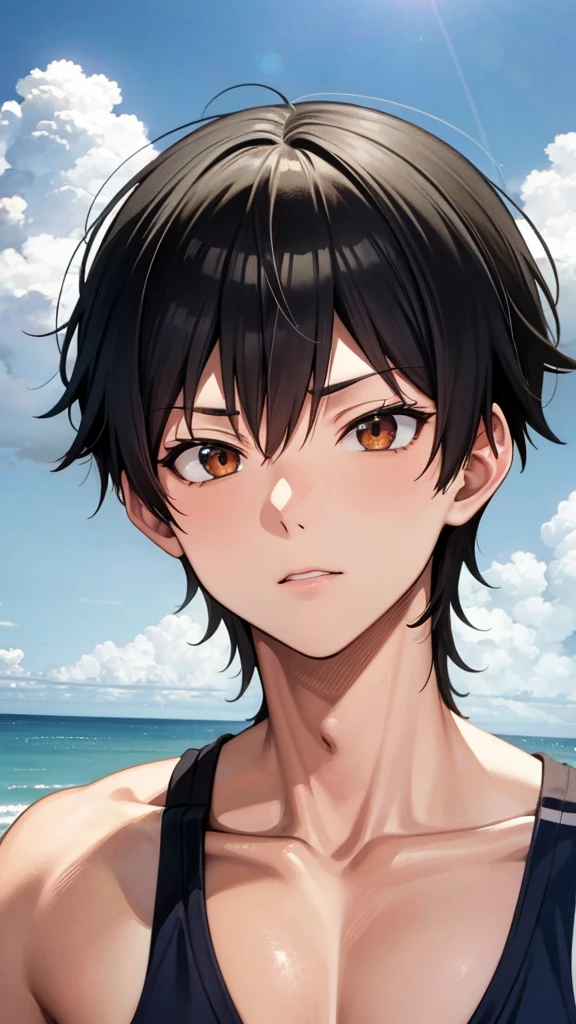 high res, Tobio Kageyama ,haikyuu!!, black hair, solo, 1boy, male, beach, sea, outside, detailed eyes, close up, beach volleyball, full face